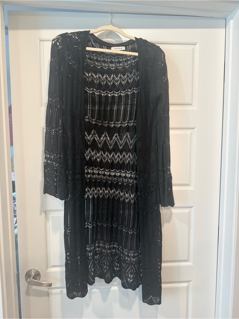 Black Crochet Long Sleeve Open-Front Cardigan